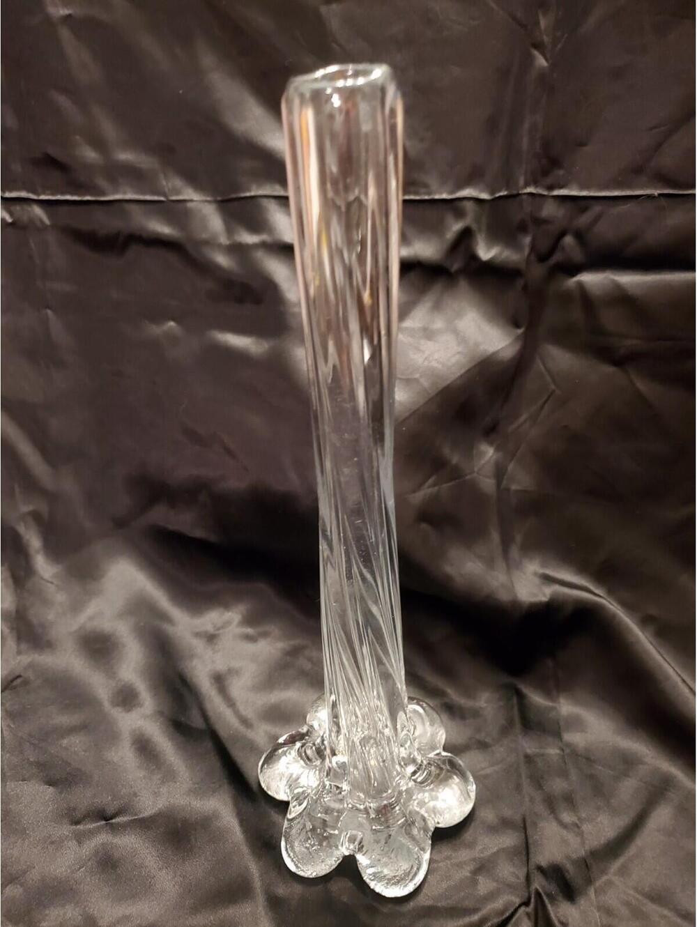 Vintage Clear Twisted Glass Bud Vase 11” Tall Pulled Petal Base MCM Art Glass